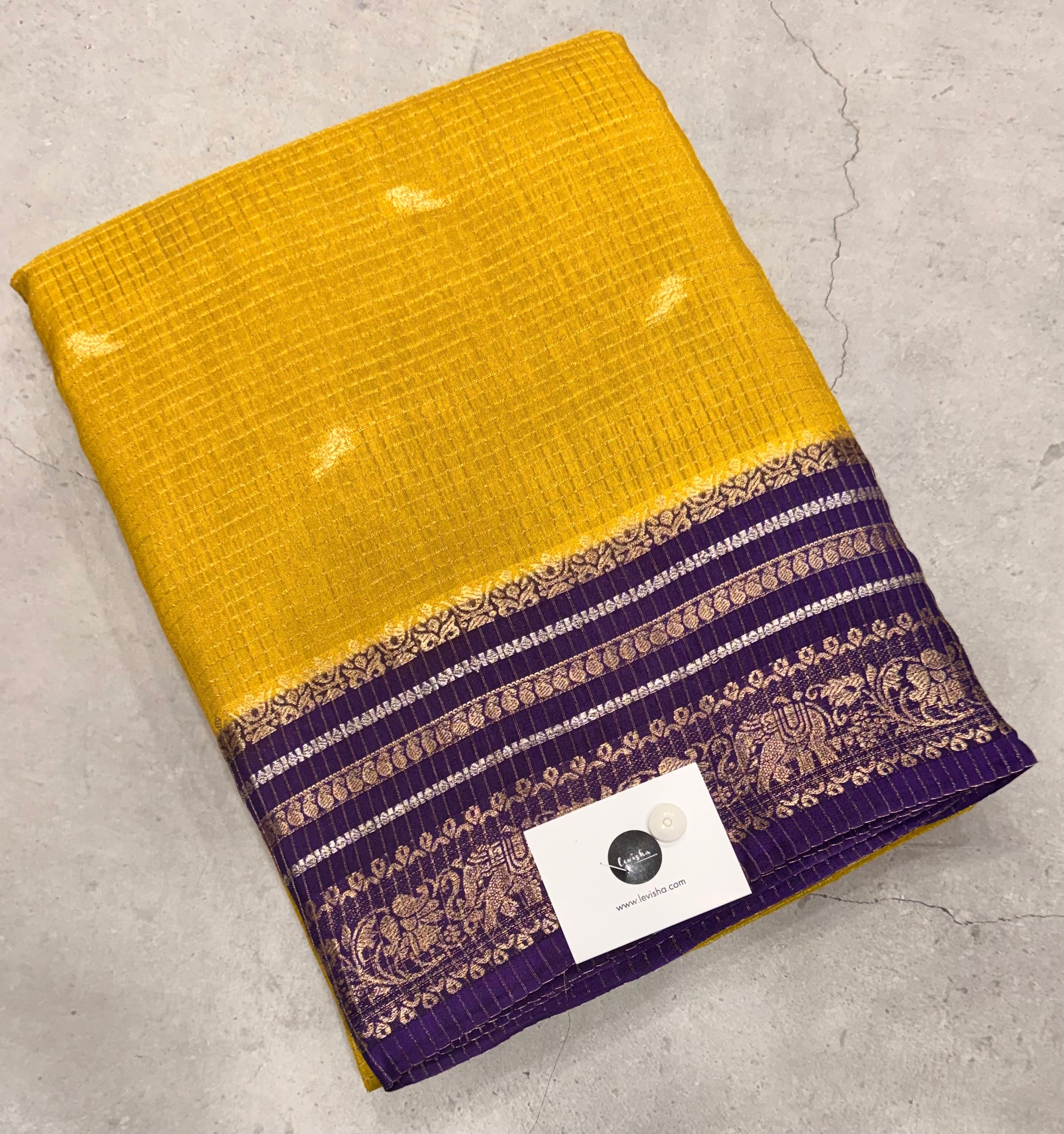 Yellow contrast border checks Dola crepe saree