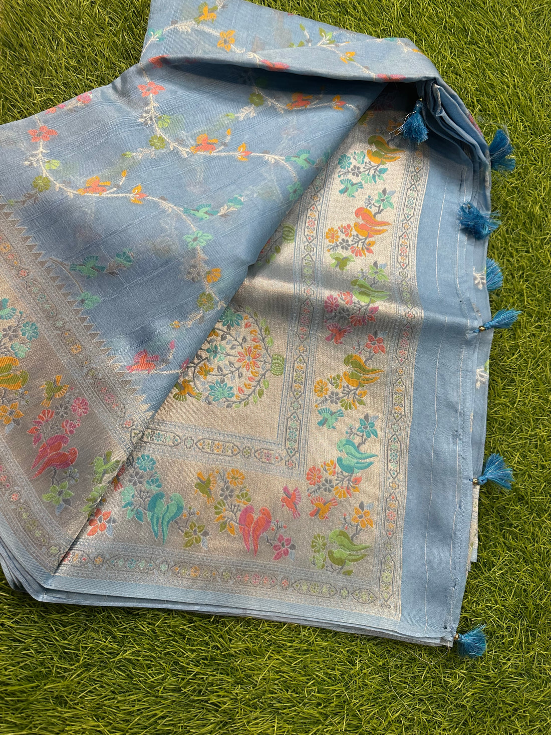 Tusser with Paithani border , pastel shades.