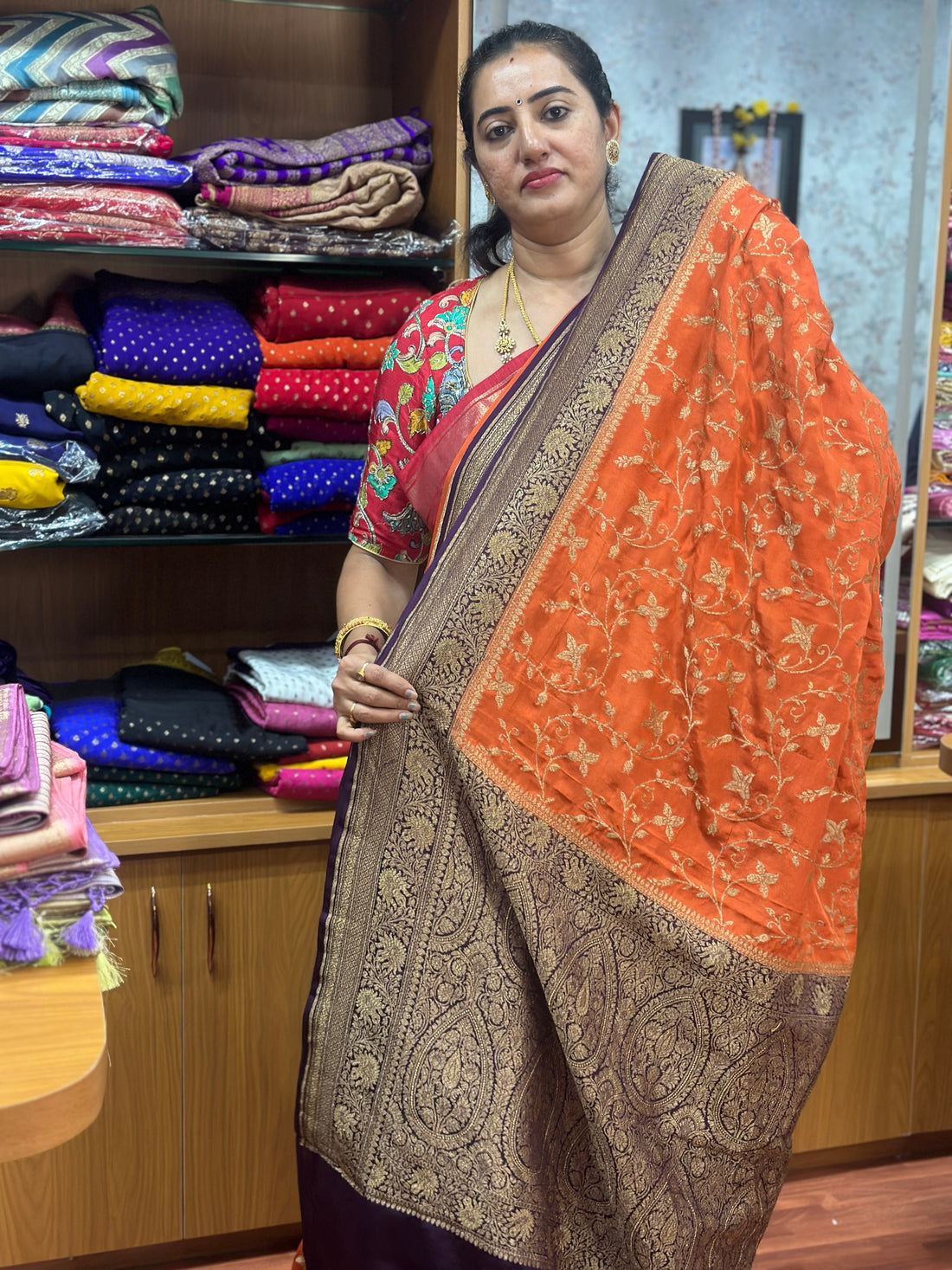 Rust orange with brown pure crepe Banaras silk sarees, silk mark certified