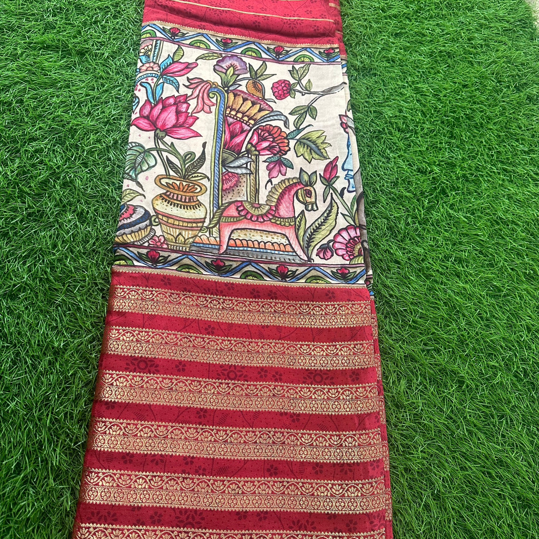 Red with white kalamkari horizontal stripes.