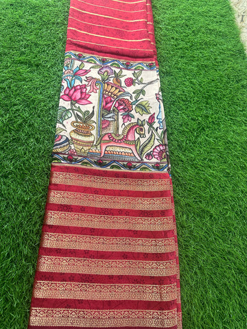 Red with white kalamkari horizontal stripes.