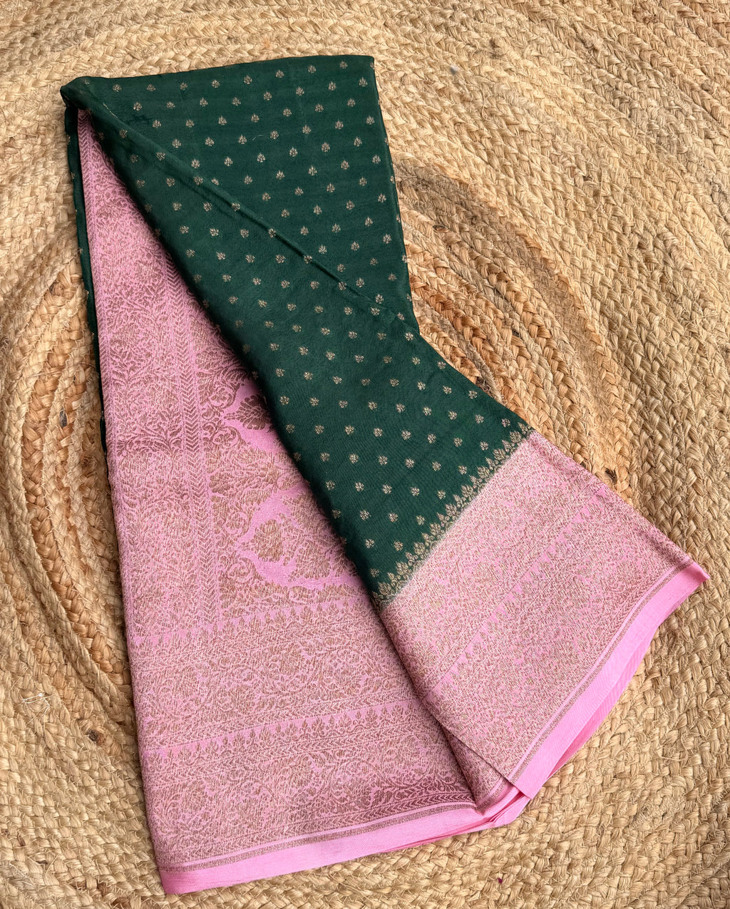 Bottle green n baby pink small butta benarasi crepe saree