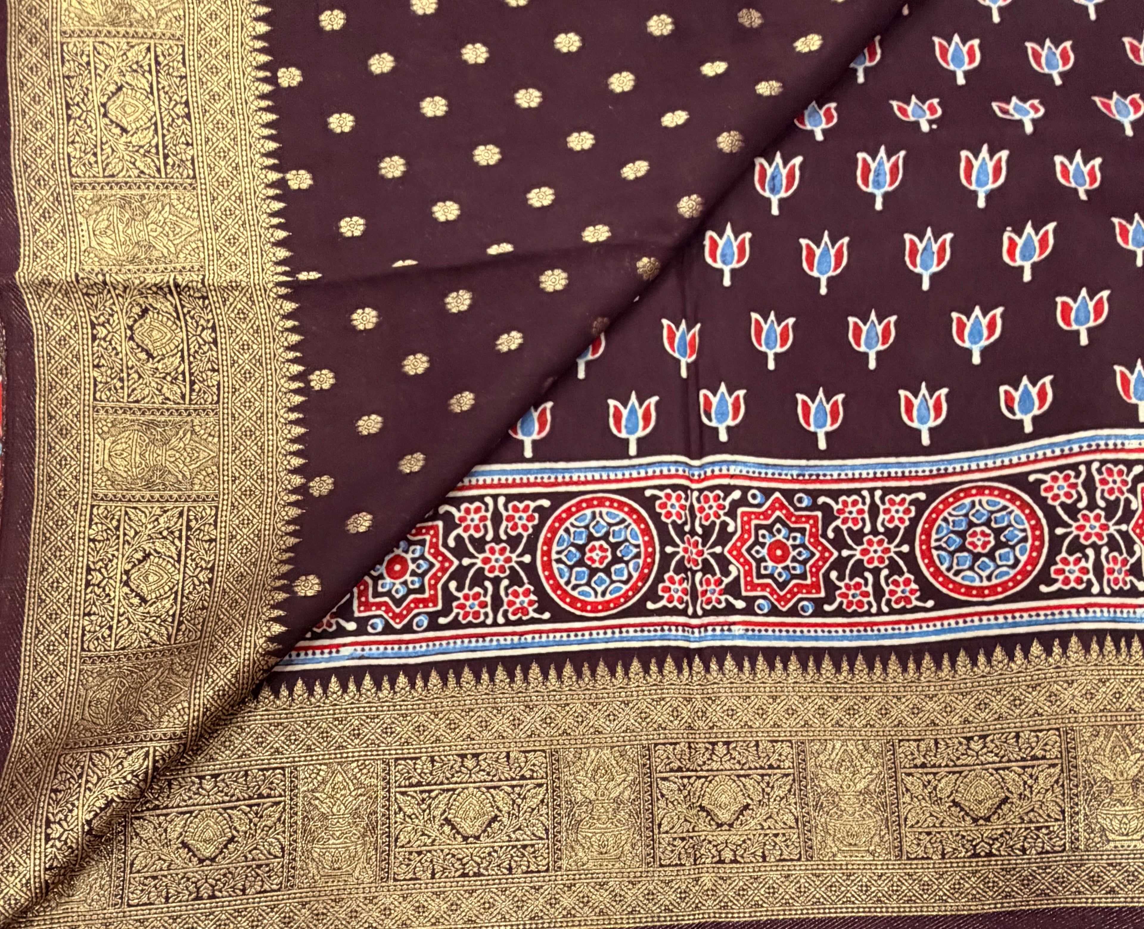 Dark brown small butta Kanchi border pure Ajrak dola sarees