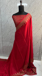 Hot red crepe Banaras chiffon sarees