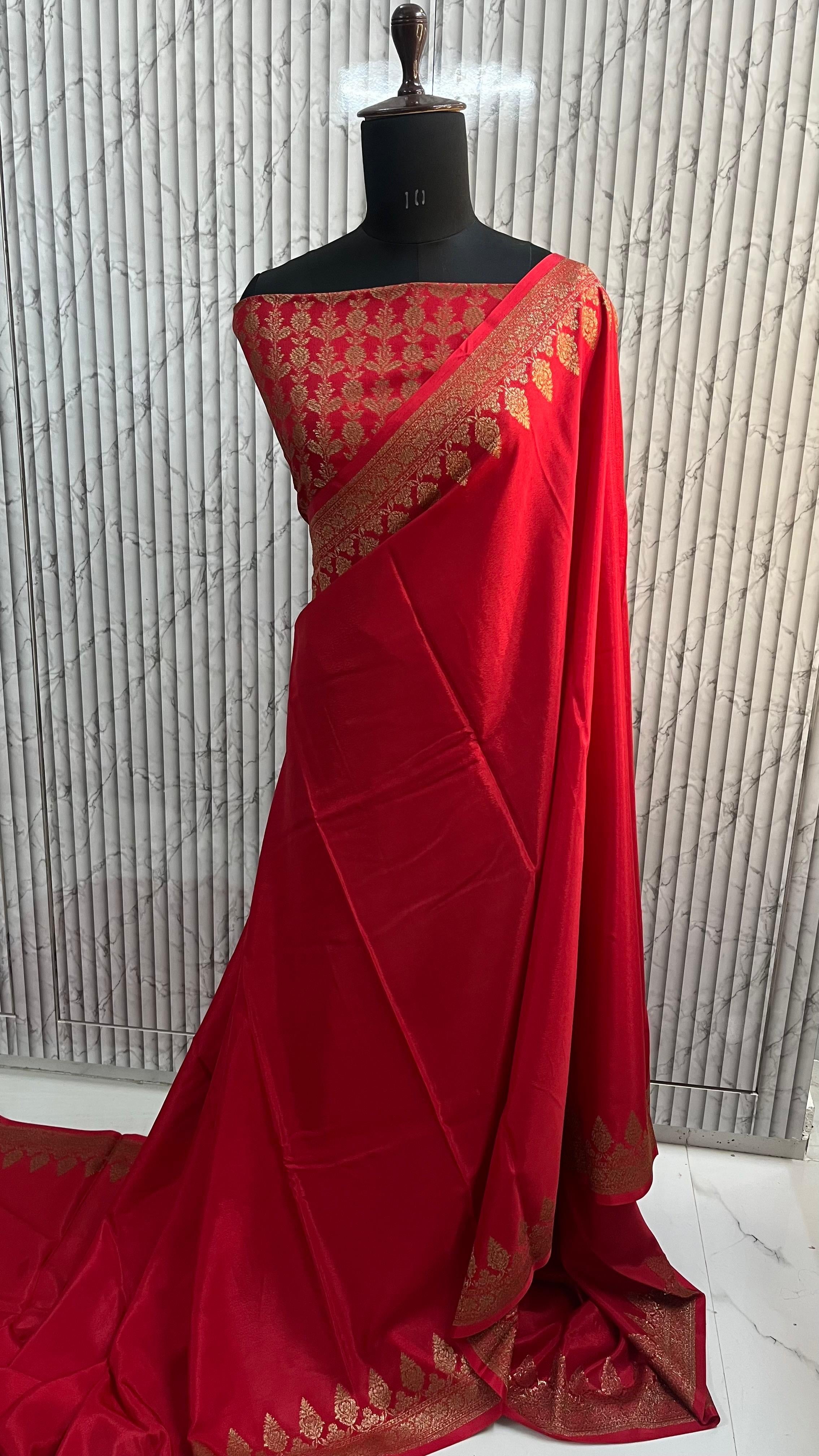 Hot red crepe Banaras chiffon sarees