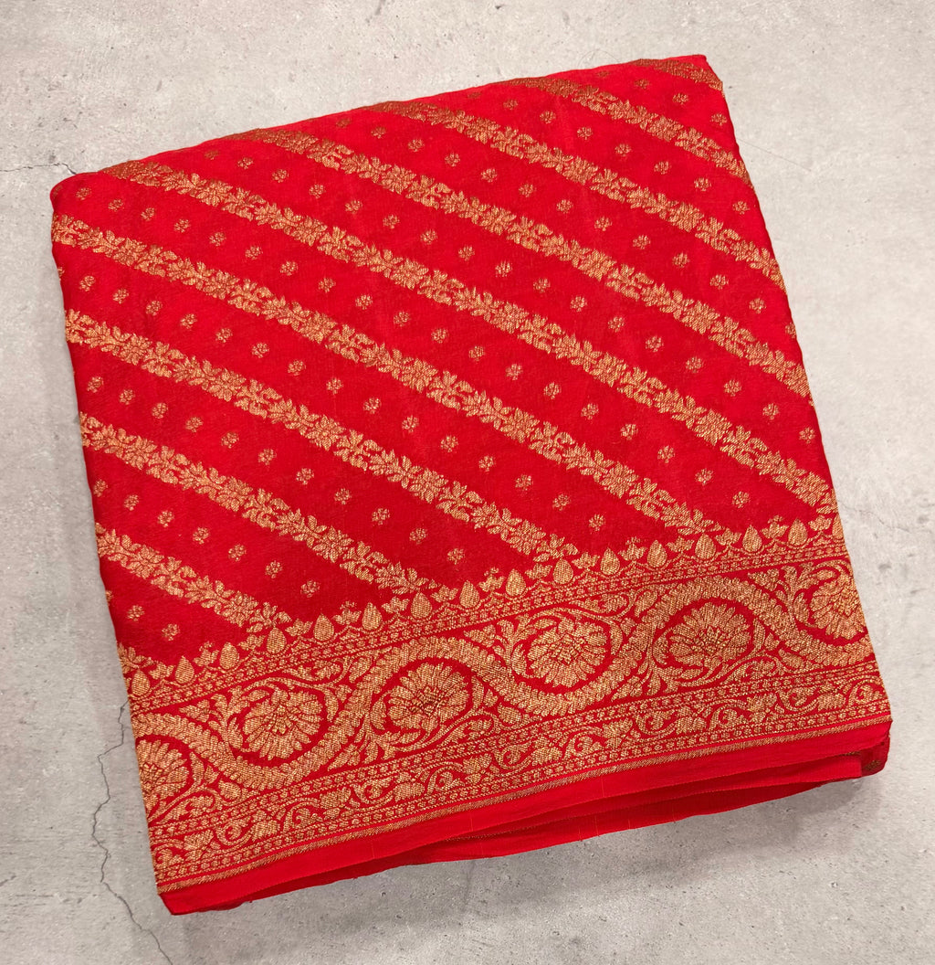 Red stripes small butta pure benarasi crepe silk saree