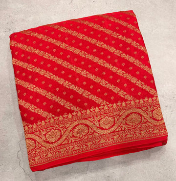 Red stripes small butta pure benarasi crepe silk saree