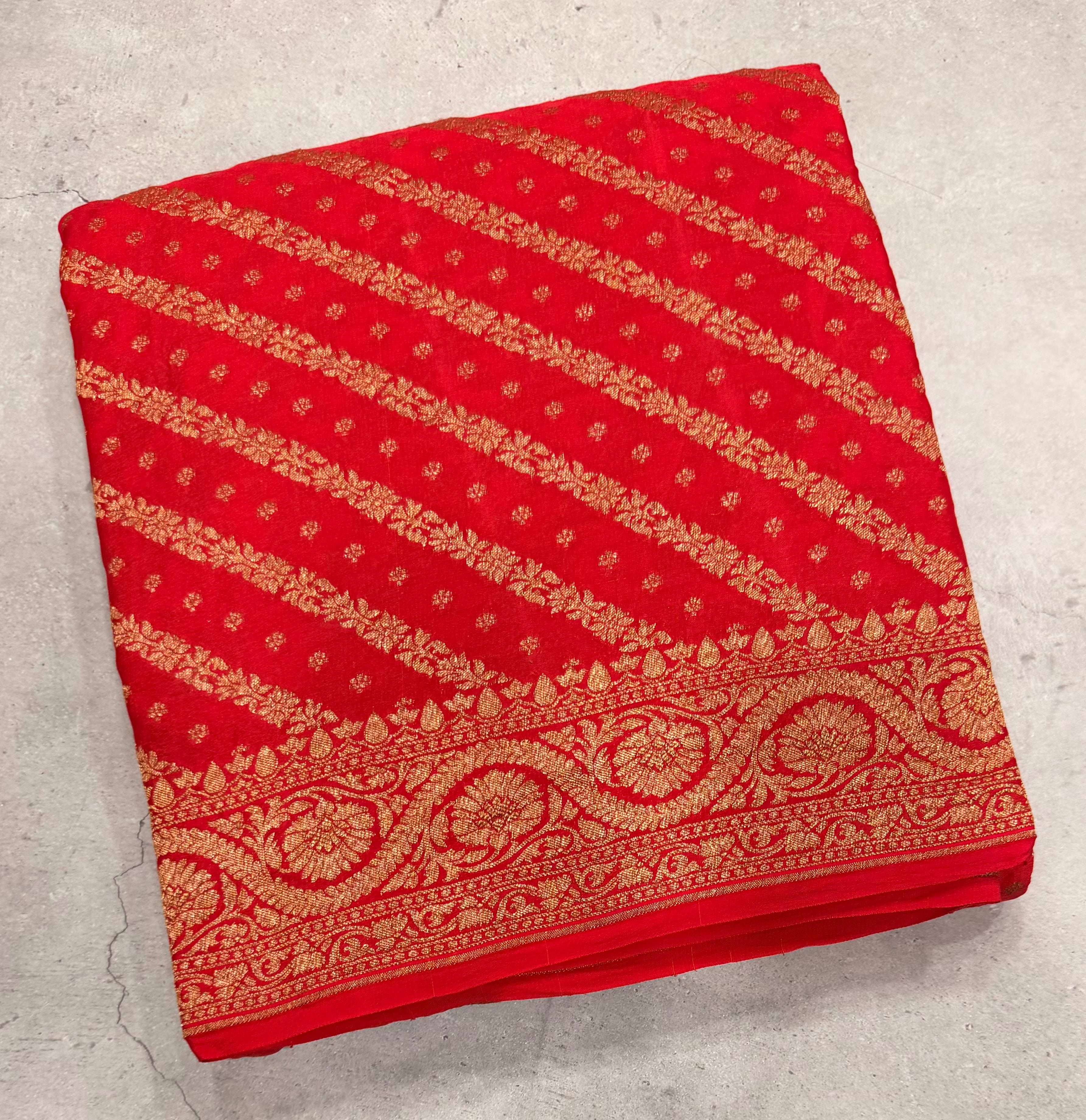 Red stripes small butta pure benarasi crepe silk saree