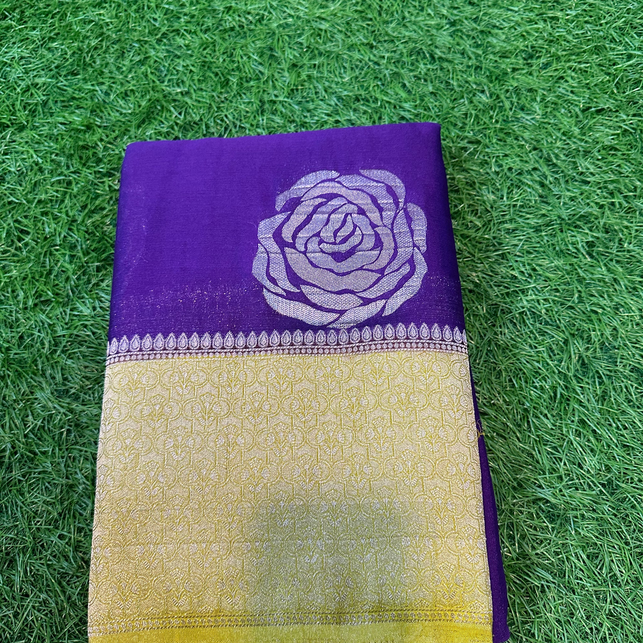 Purple with mustard soft crape Rose butta.