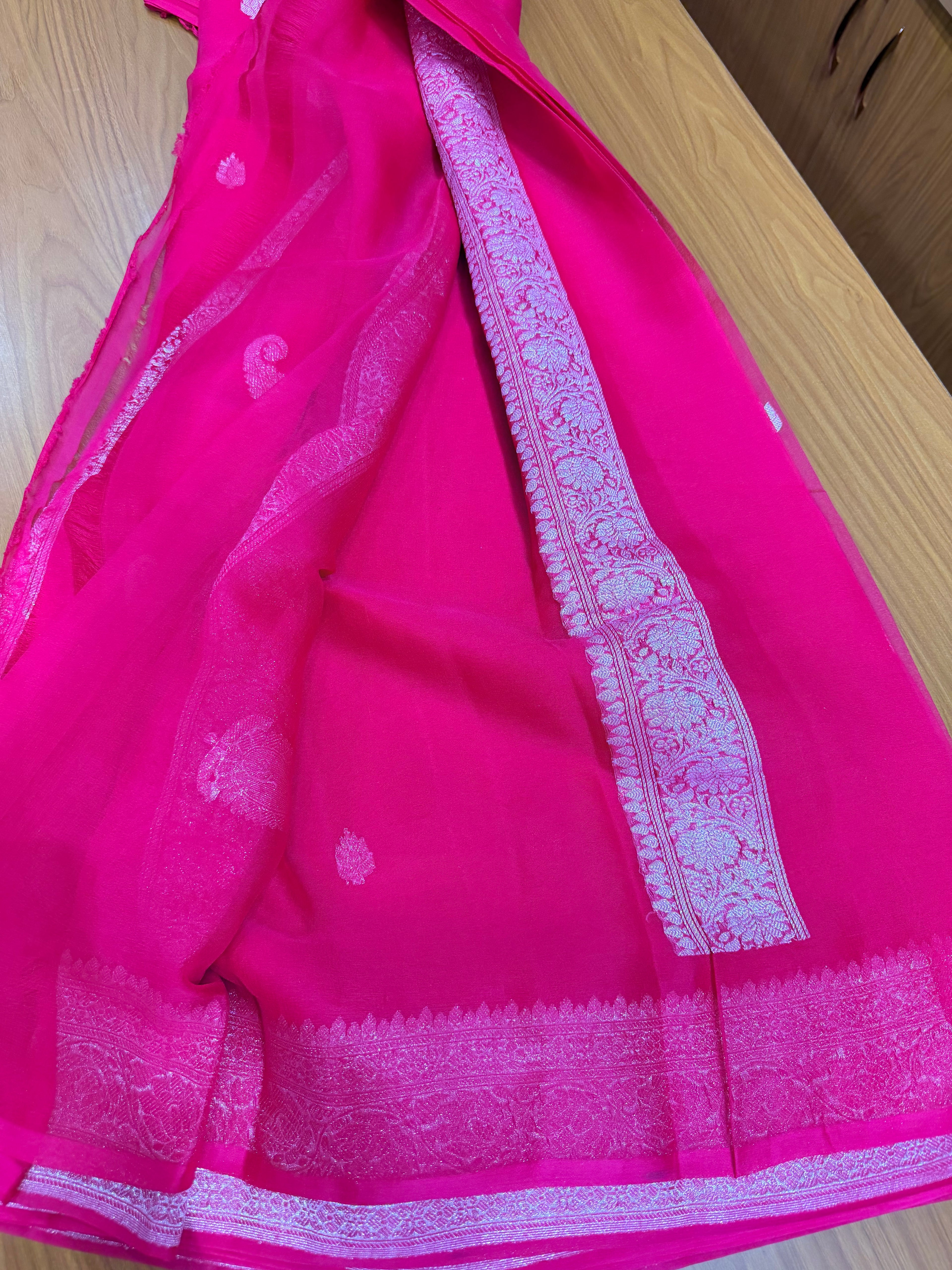 Pink Banarasi pure khadi chiffon saree sliver zari woven