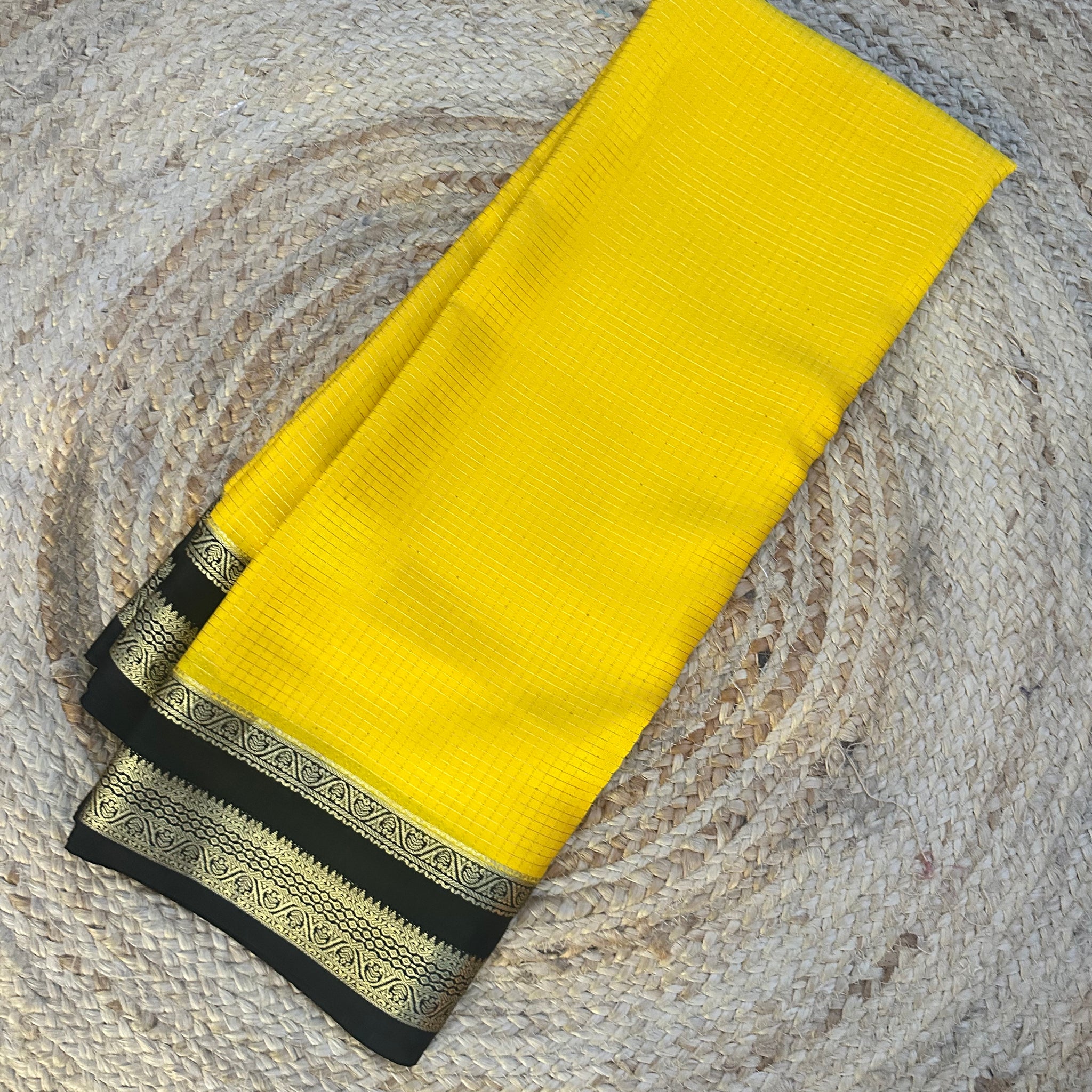 Yellow and black checks pure crepe Mysore Silk sarees 120 gsm