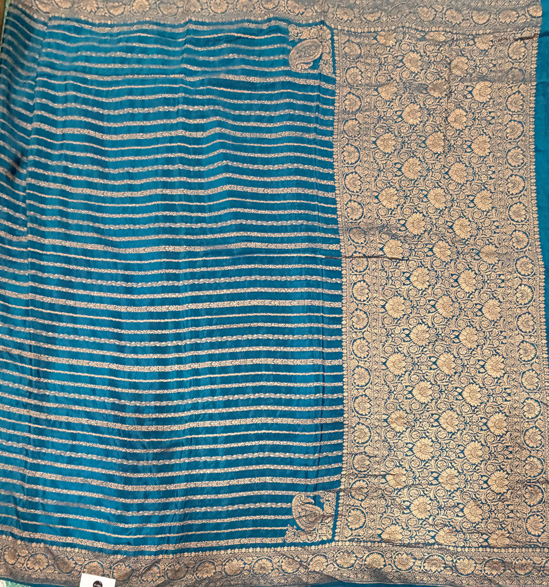 Peacock blue stripes pure benarasi crepe silk saree