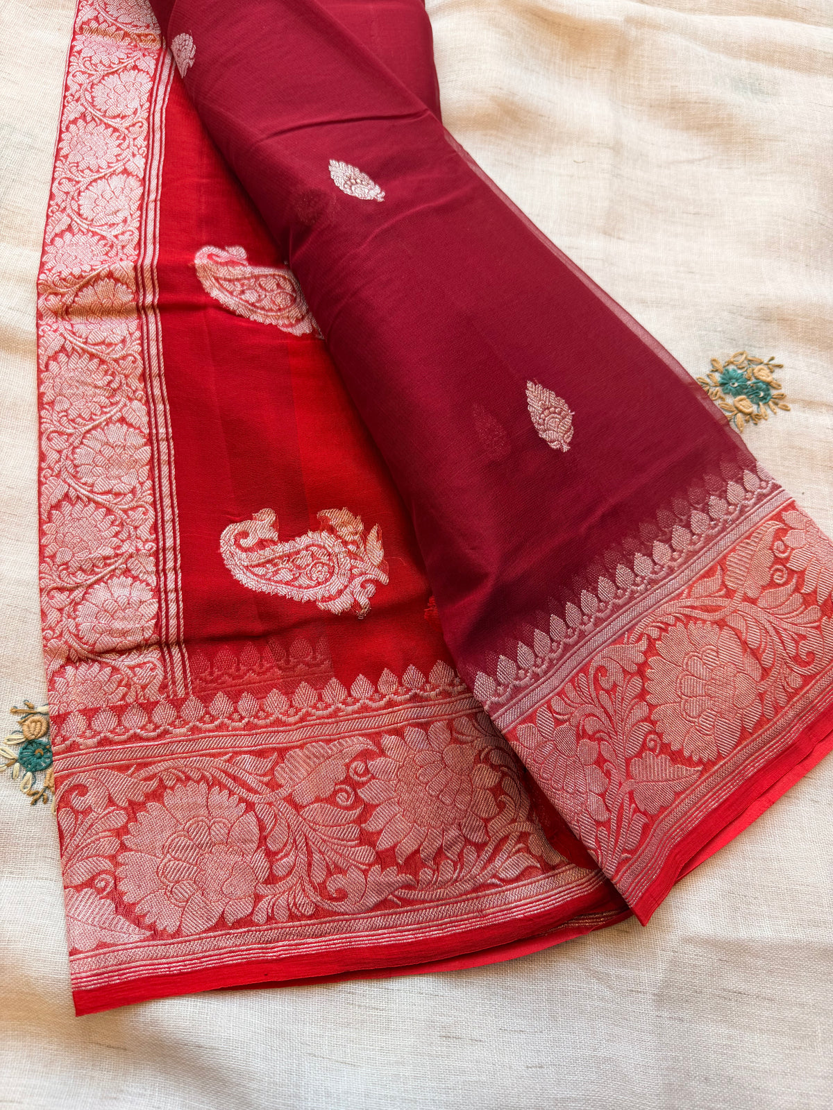 Maroon Banarasi pure khadi chiffon saree sliver zari saree
