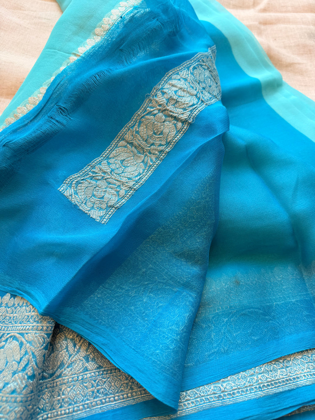 Sky blue Banarasi pure khadi chiffon saree sliver zari saree