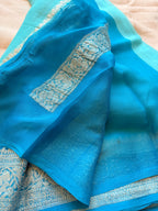 Sky blue Banarasi pure khadi chiffon saree sliver zari saree