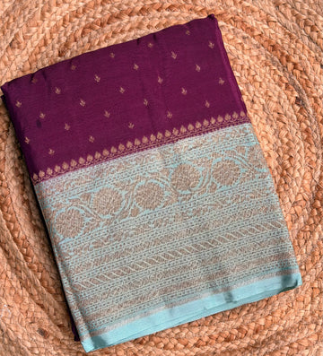 Wine and sea blue small butta benarasi crepe saree
