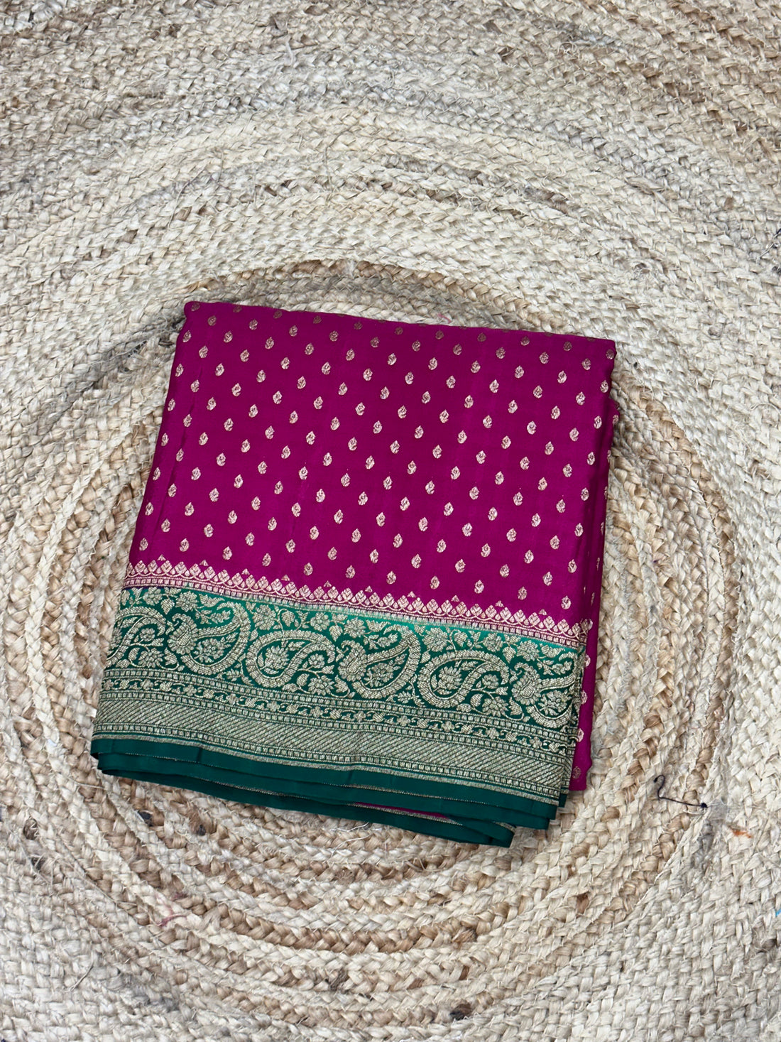 Rani pink with green pure crepe Banaras silk sarees