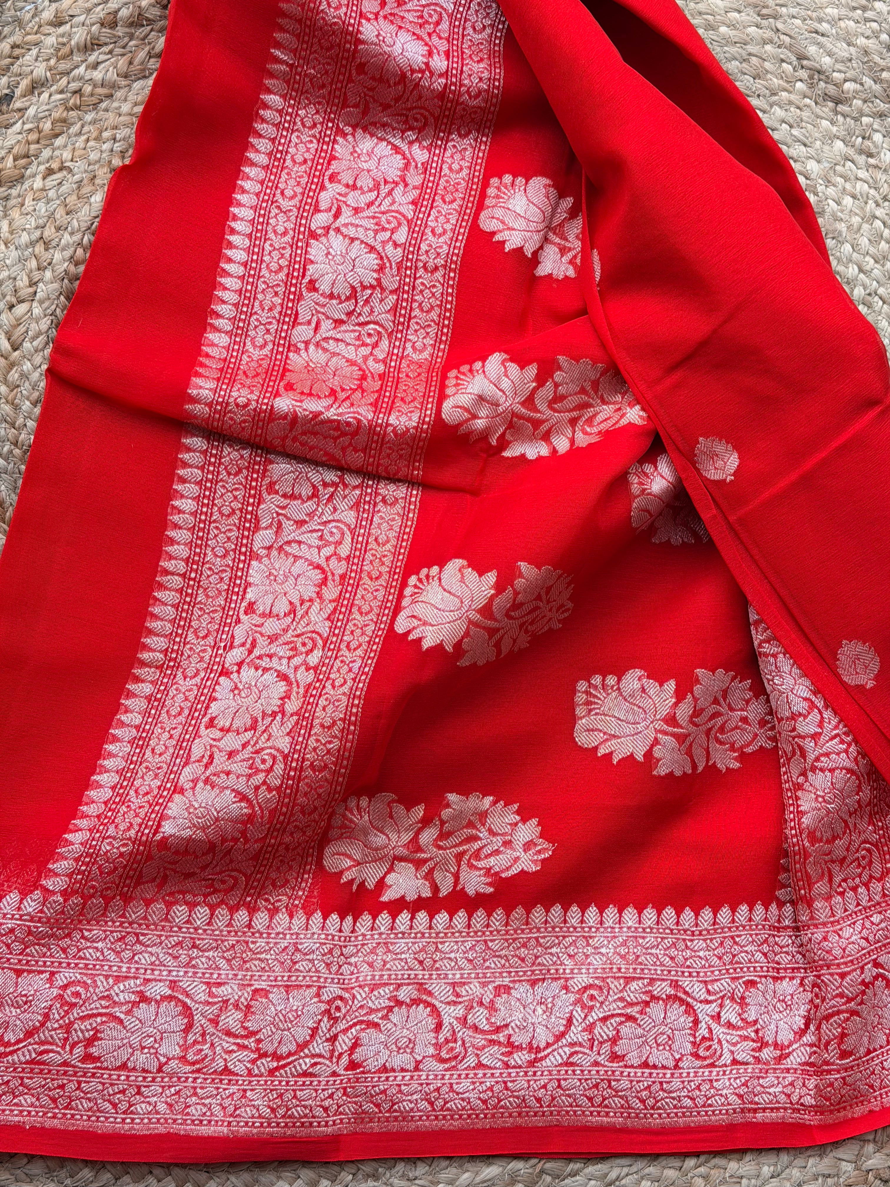 Red Banarasi pure khadi chiffon saree sliver zari woven