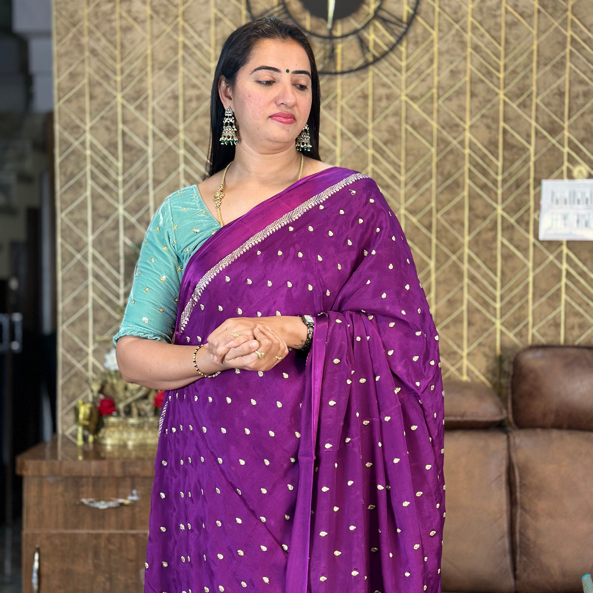 Wine pure chinnon crepe sarees.