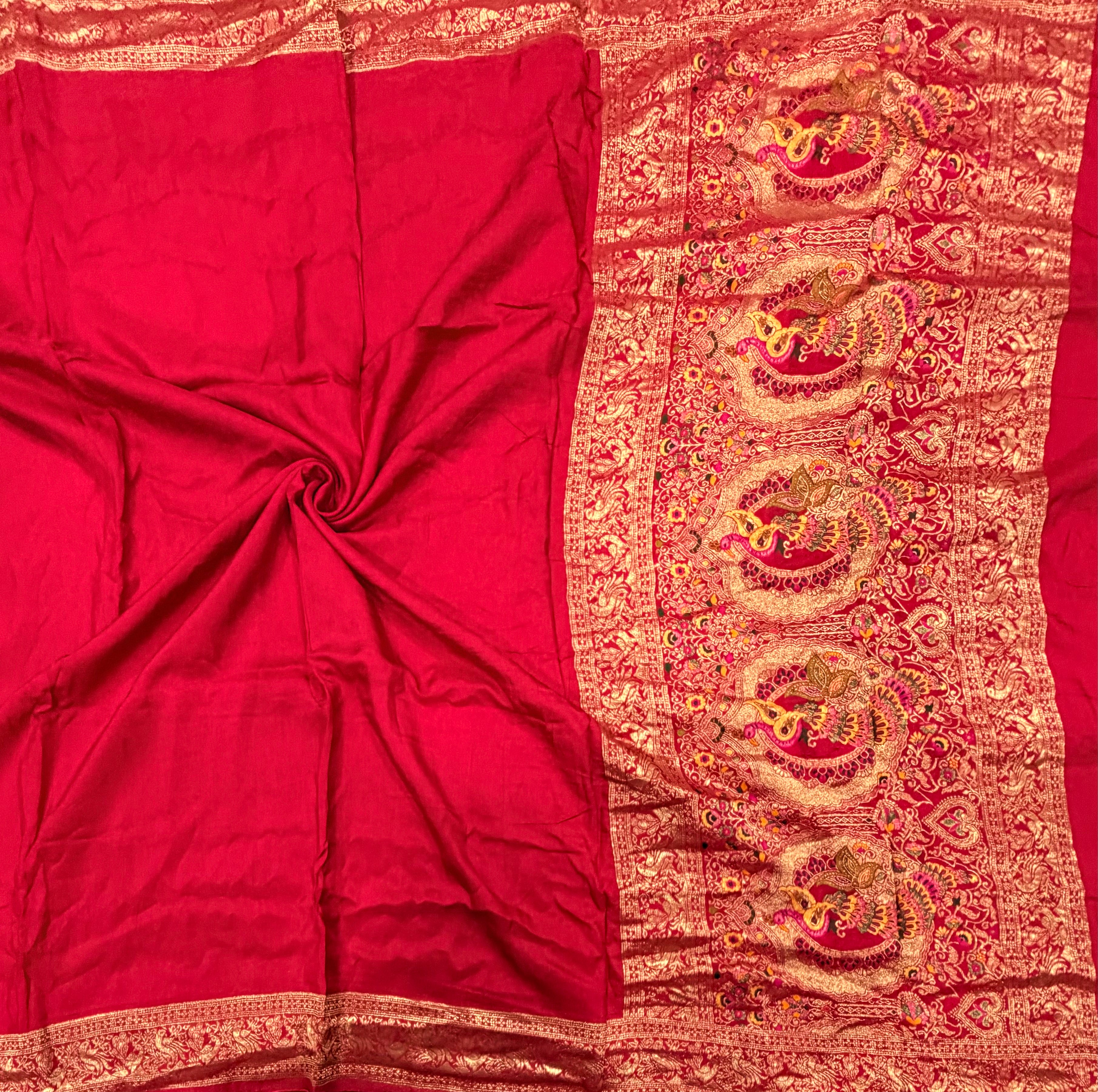 Rani pink Kanchi border plain modal silk saree