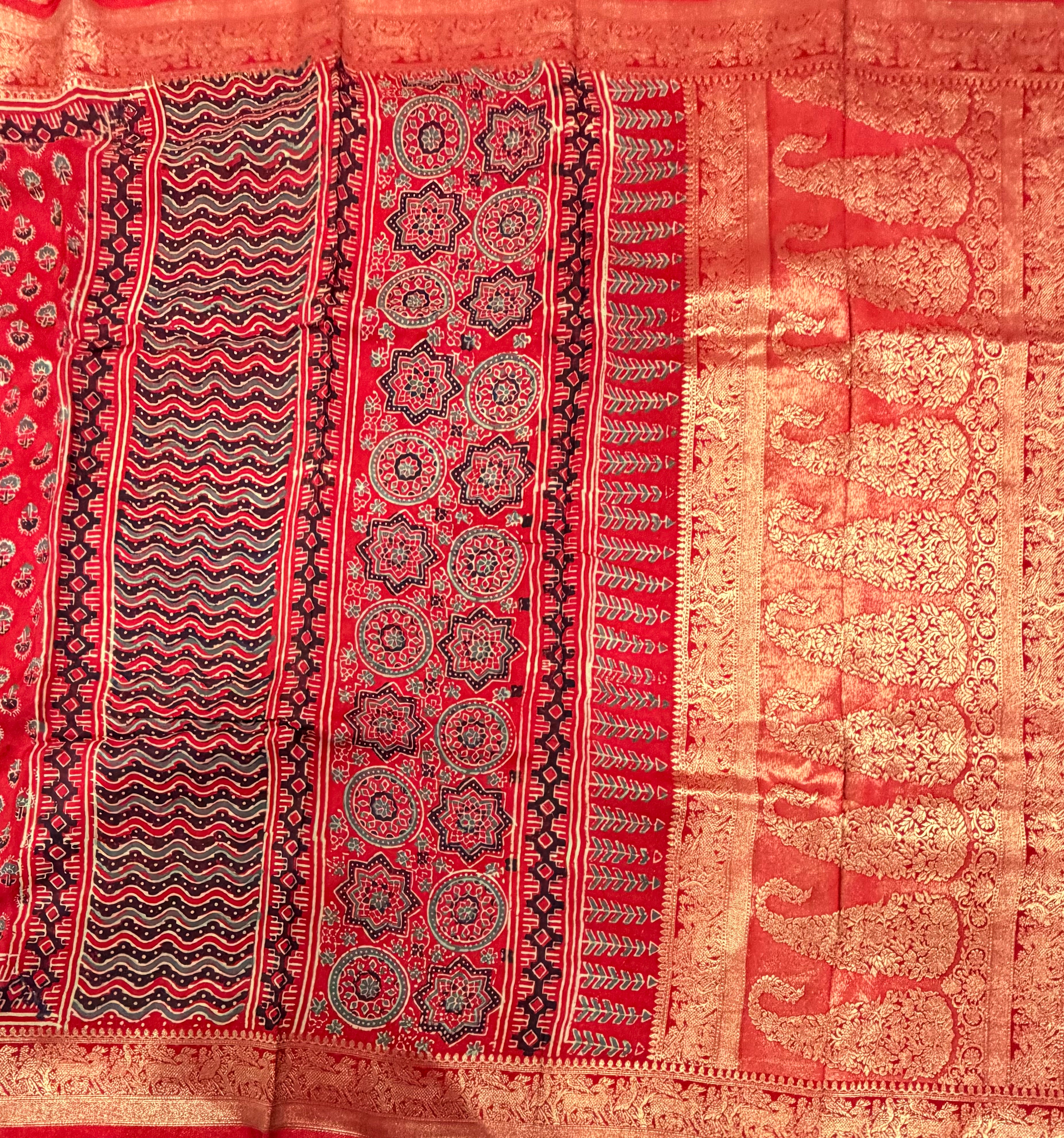 Red small butta Kanchi border pure Ajrak dola sarees