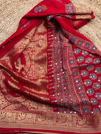 Hot red pure Ajrak dola silk with premium zari mirror work