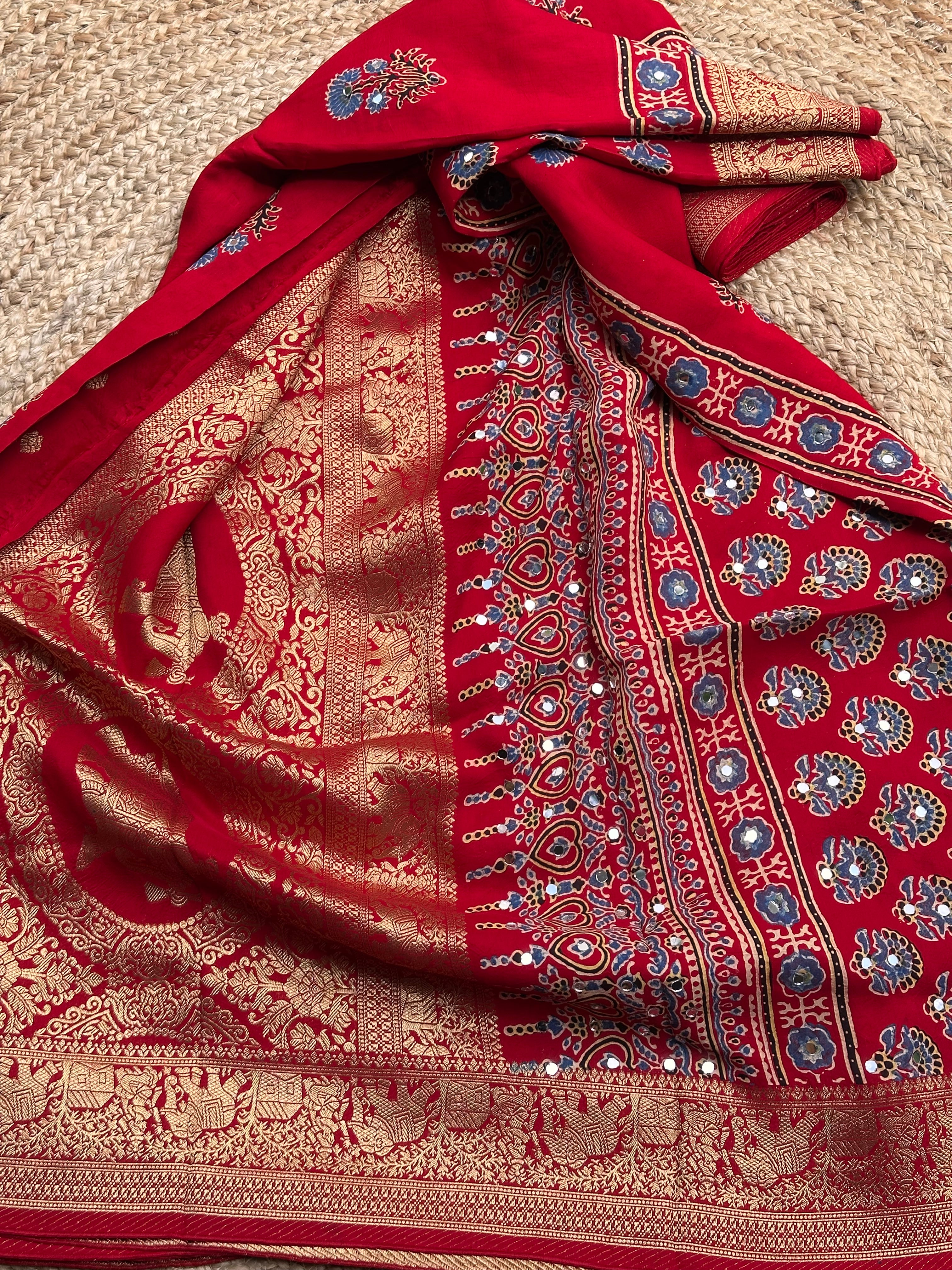 Hot red pure Ajrak dola silk with premium zari mirror work