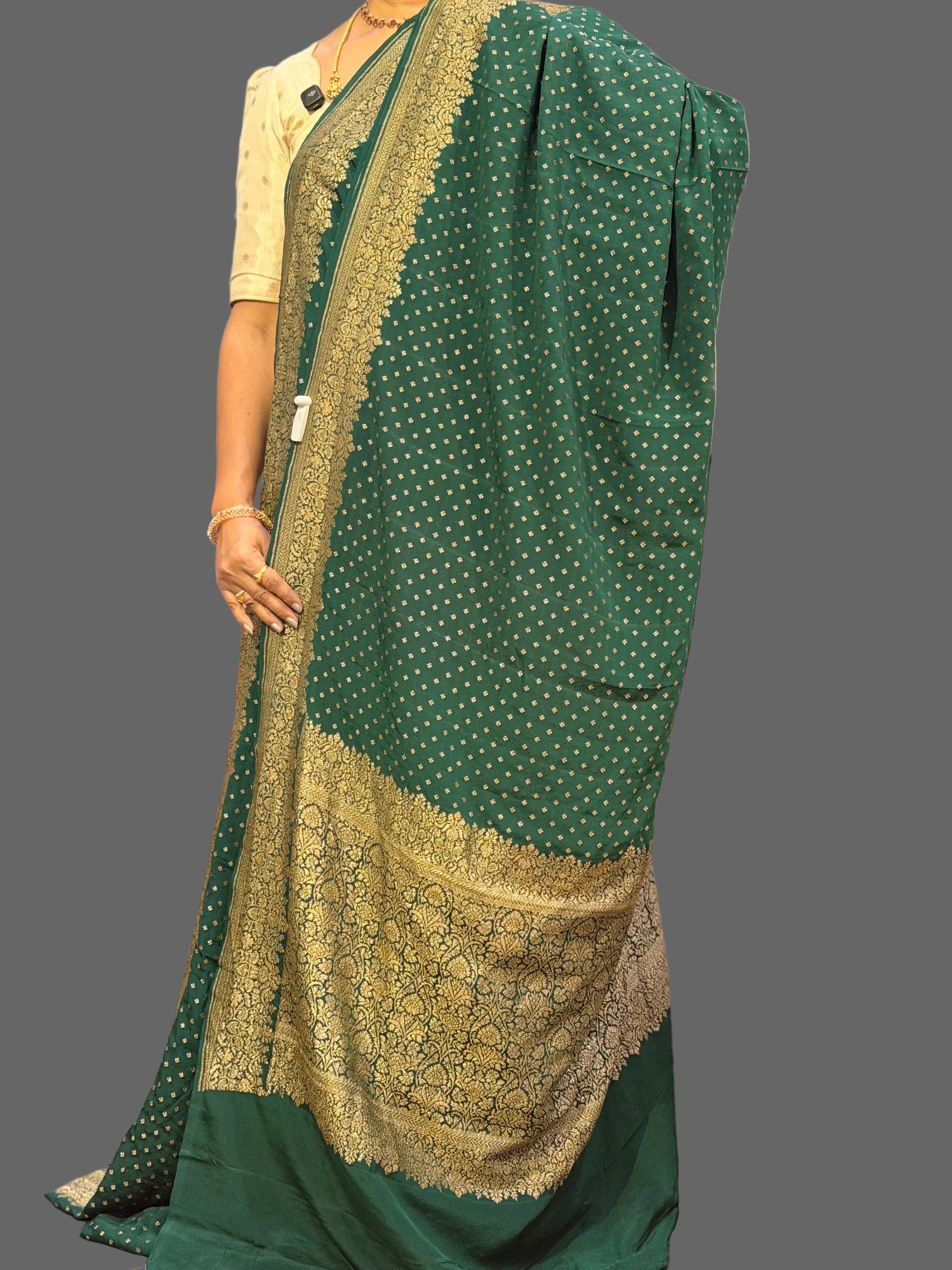 Bottle green mango border pure benarasi crepe silk saree
