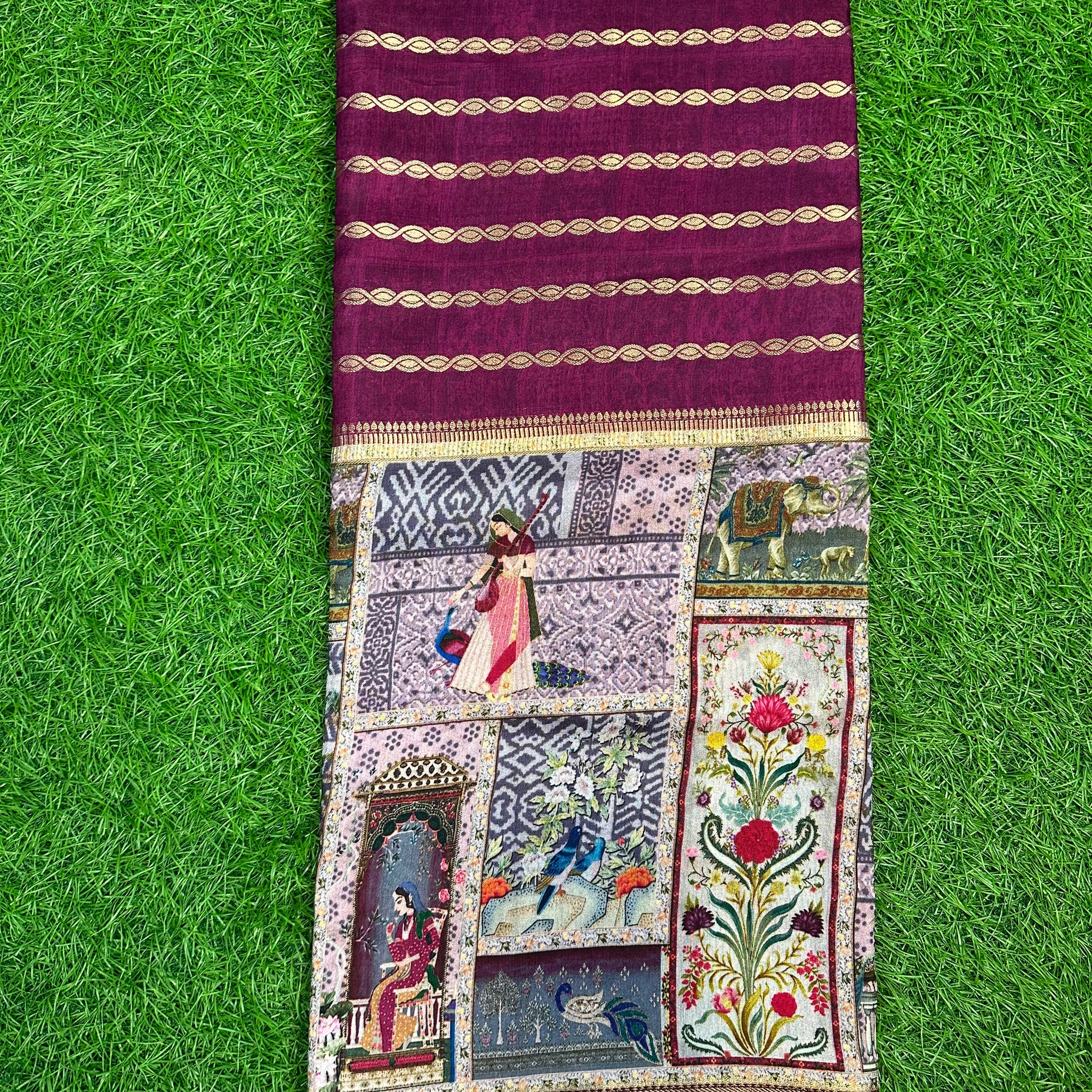 Maroon semi crepe digital kalamkari horizontal stripes