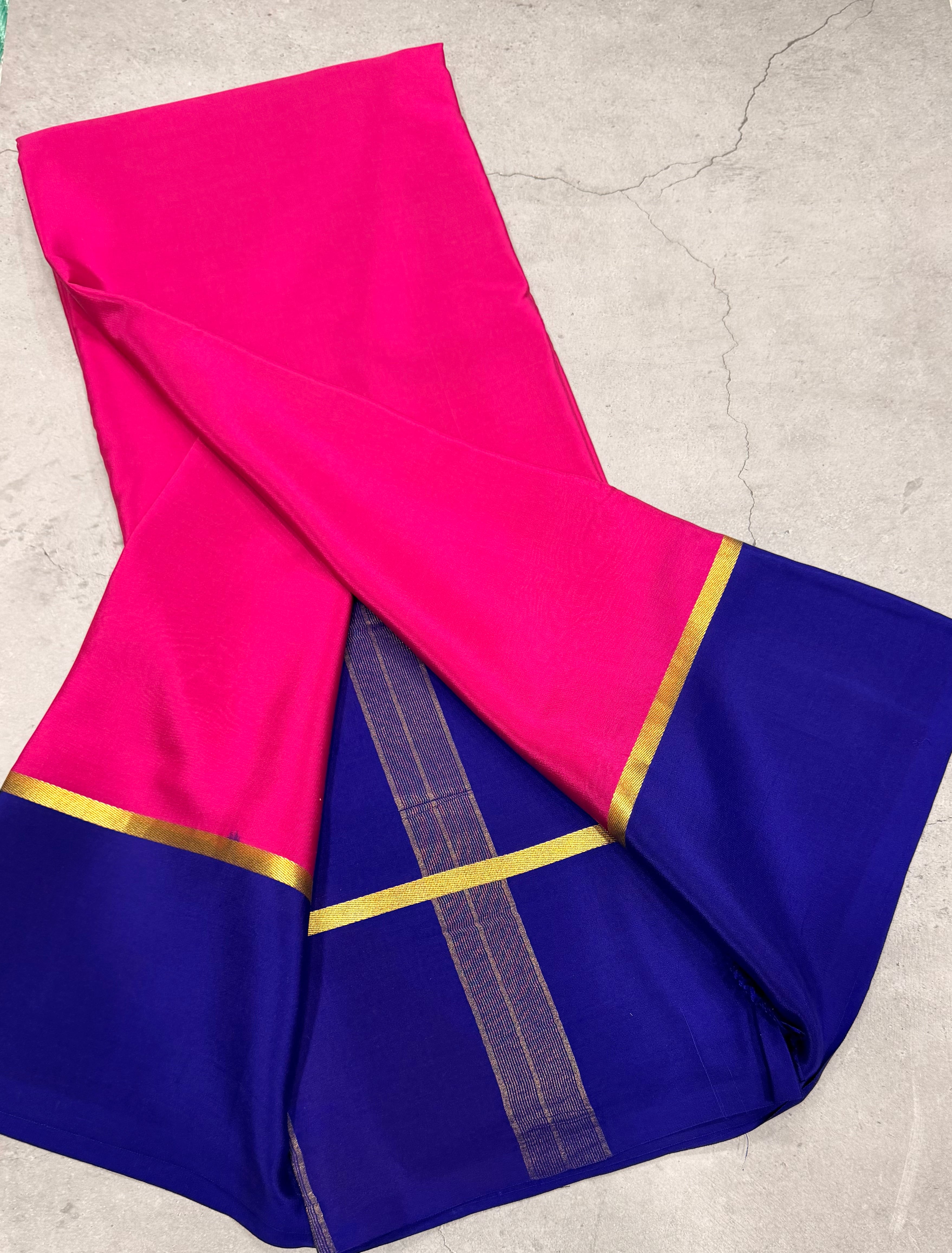 Rani pink contrast border pure Mysore silk crepe saree