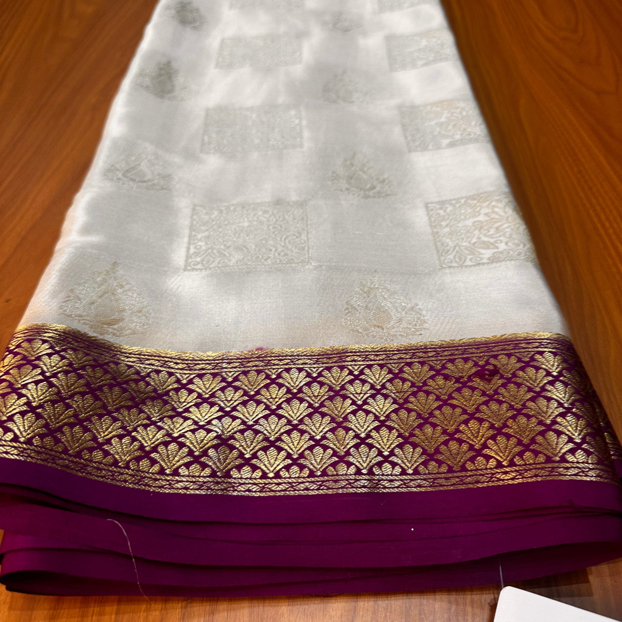 Cream with dark purple pure crepe Mysore Silk 120 gsm