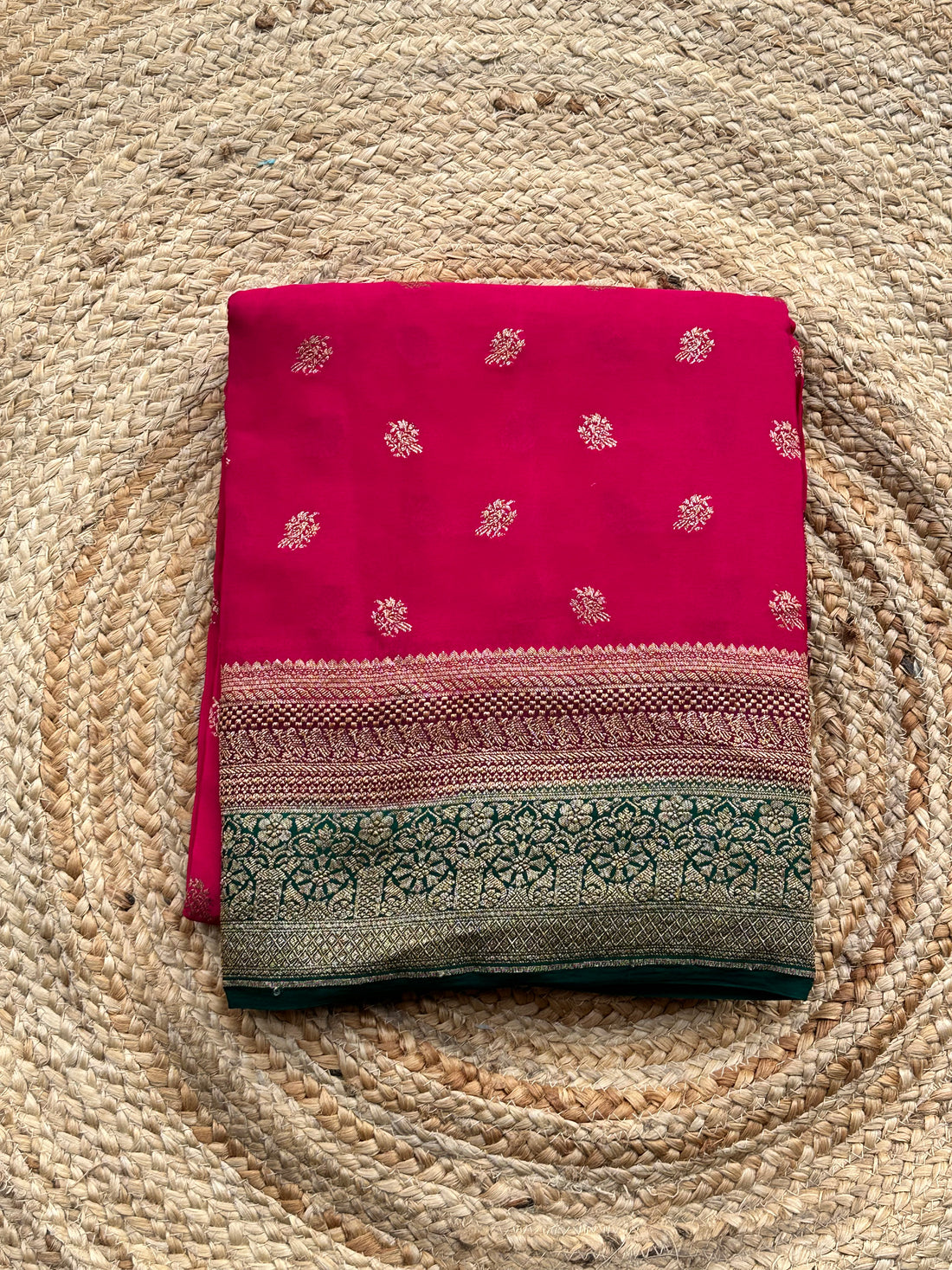 Pink purple and green 3D pure crepe Banaras silk handloom saree