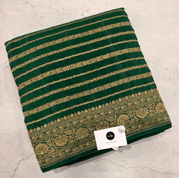 Bottle green stripes pure benarasi crepe silk saree
