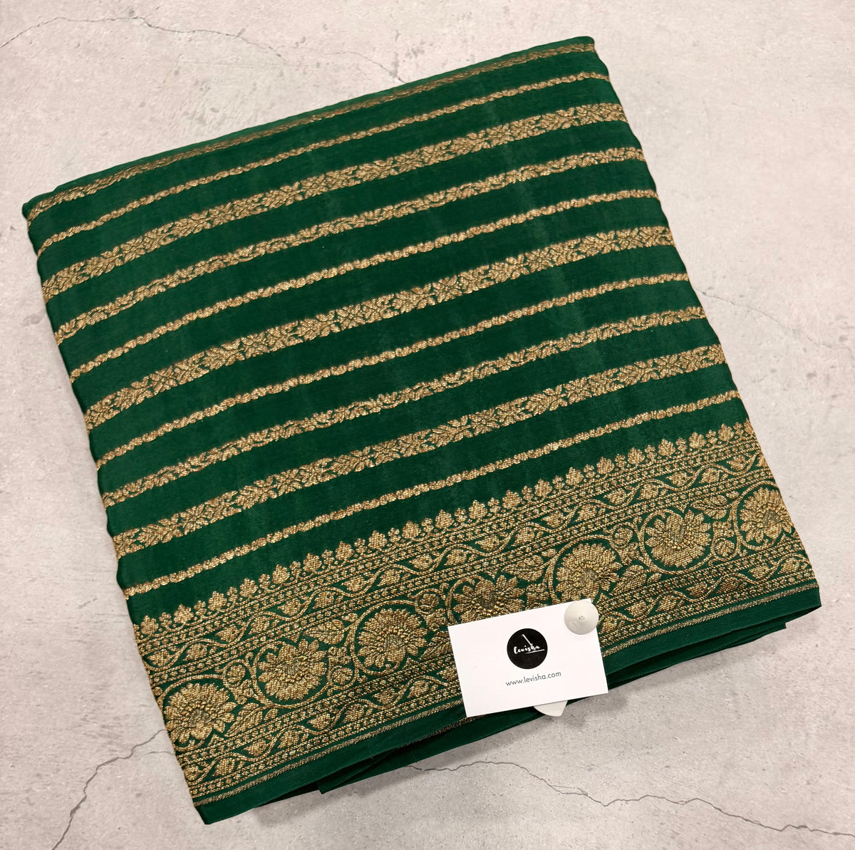 Bottle green stripes pure benarasi crepe silk saree
