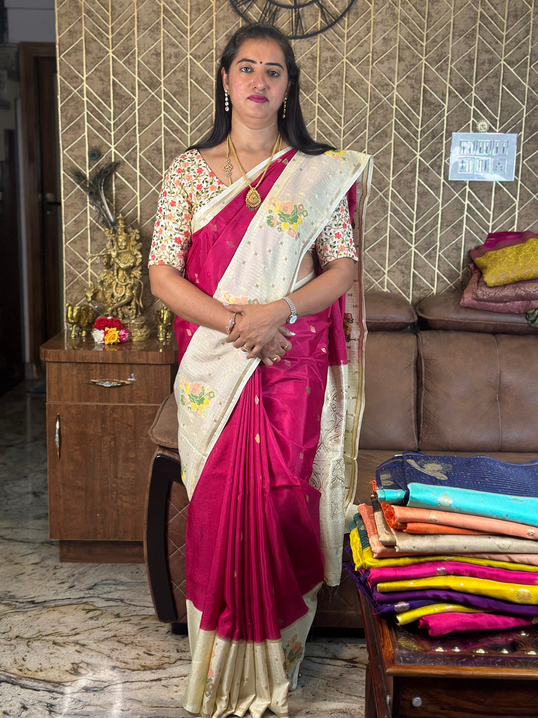 Rani pink and white dola silk saree.