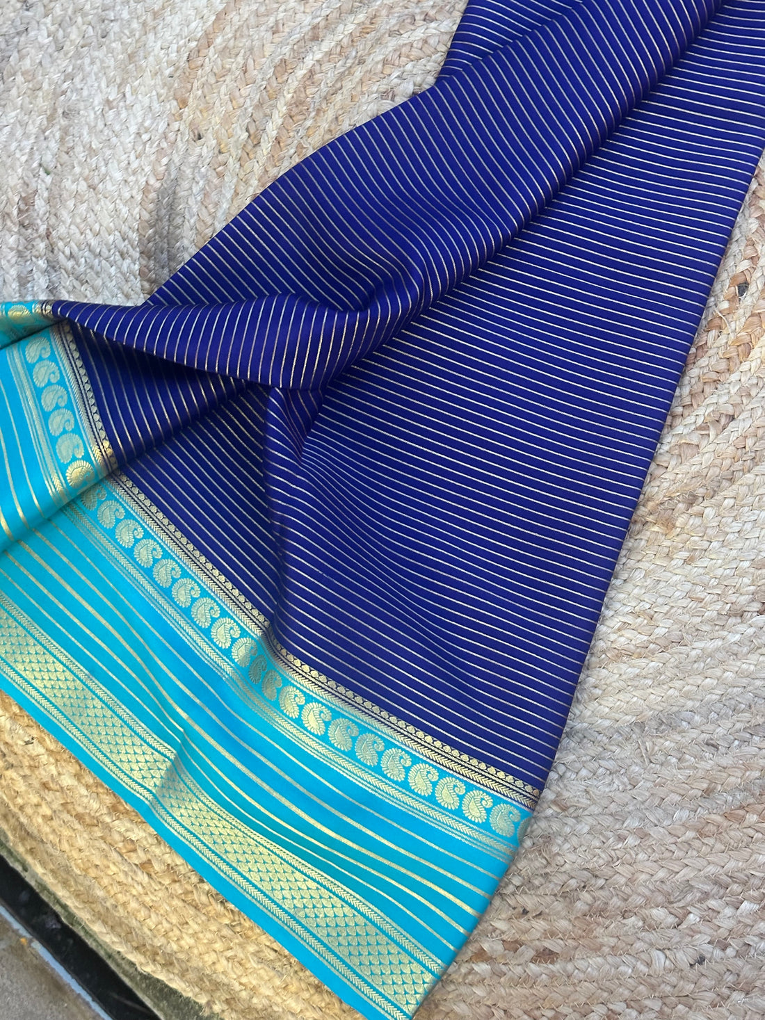 Deep blue and sky blue pure crepe Mysore Silk sarees 120 gsm