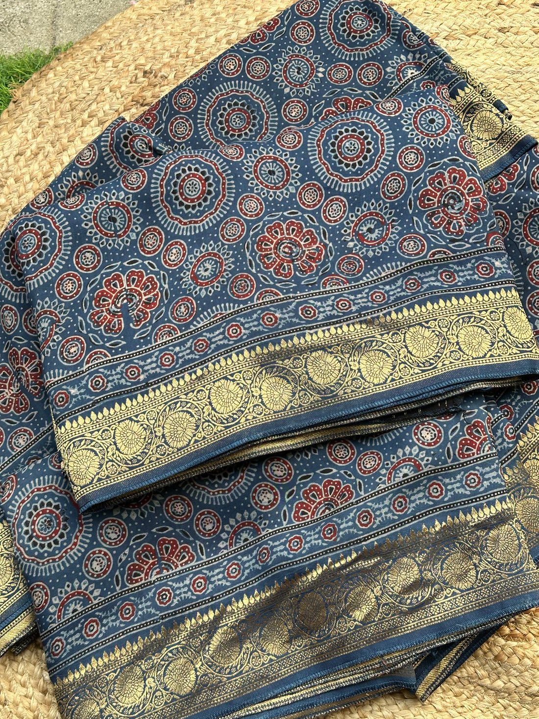 Blue pure modal silk sarees zari weaving with Ajrak blouse