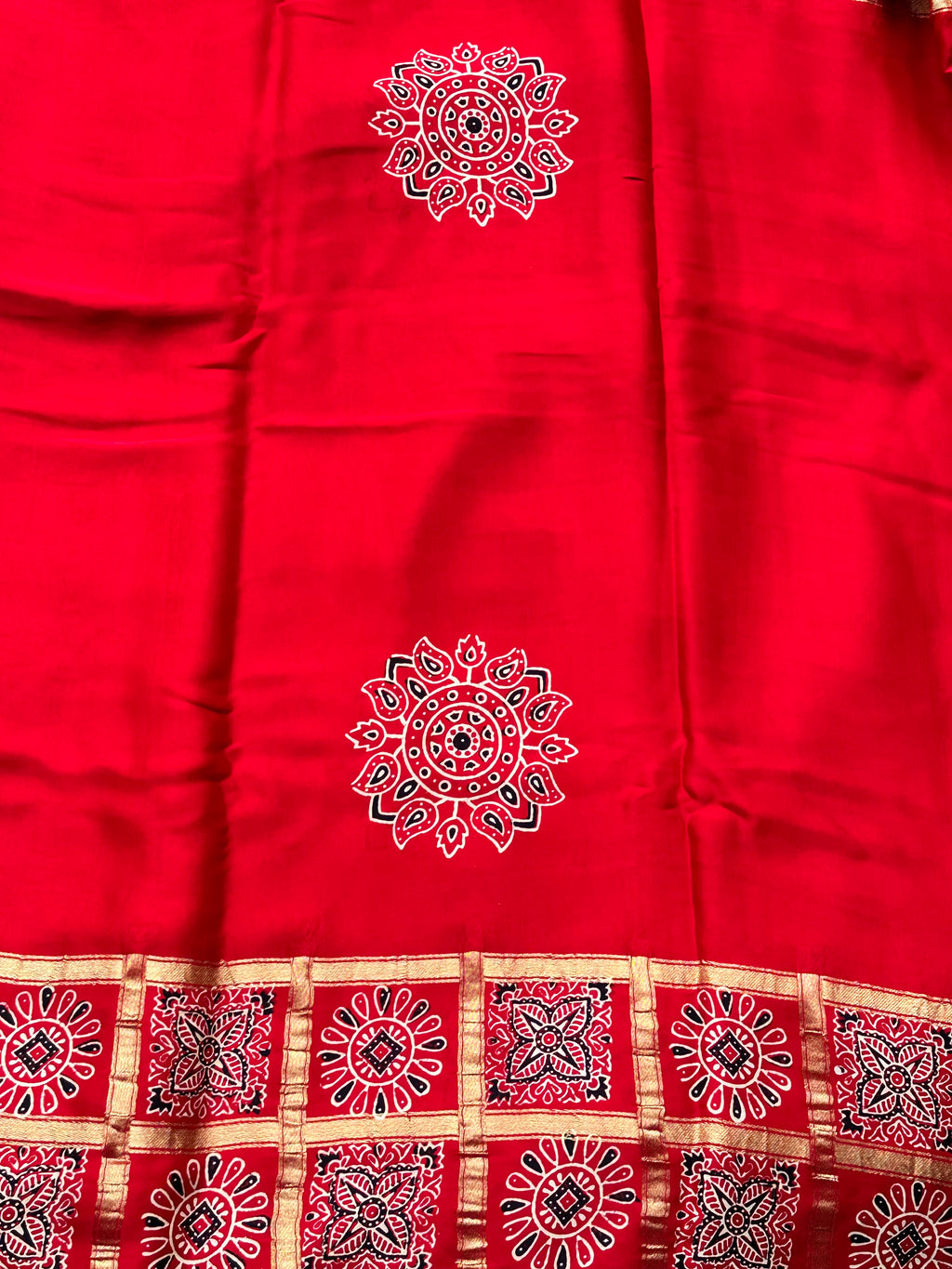 Hot red pure modal Ajrak silk sarees with lotus Ajrak blouse