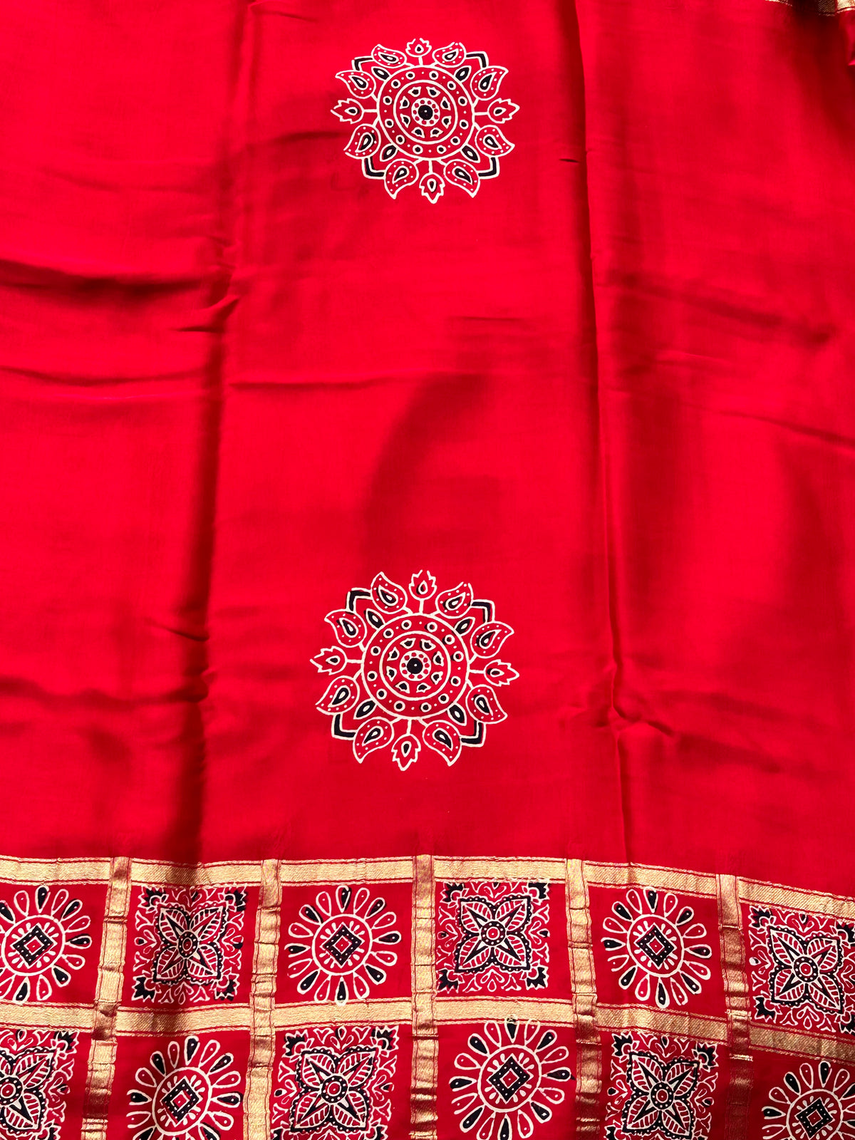 Hot red pure modal Ajrak silk sarees with lotus Ajrak blouse