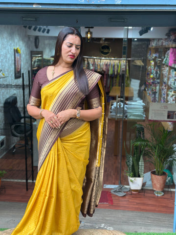 Mustard and deep coffee brown dola silk premium quality