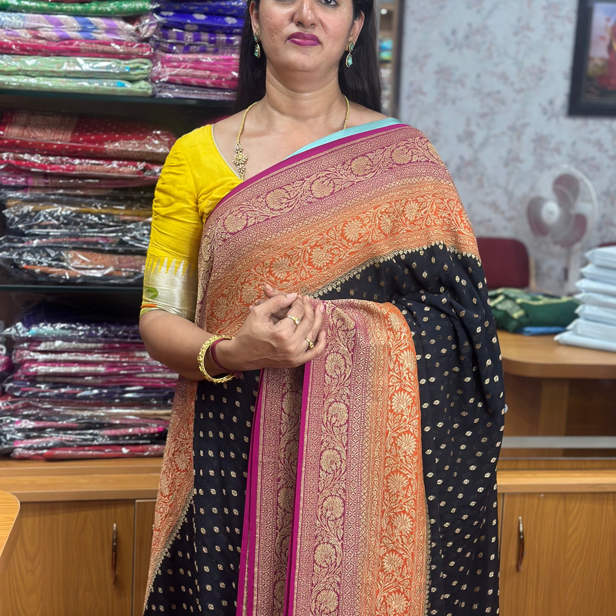 Black and pink pure khaddi Georgette 3D pattern