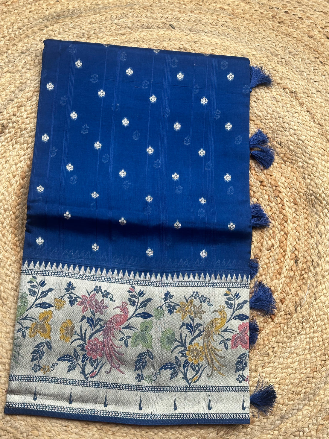 Peacock blue pure Paithani tusser silk