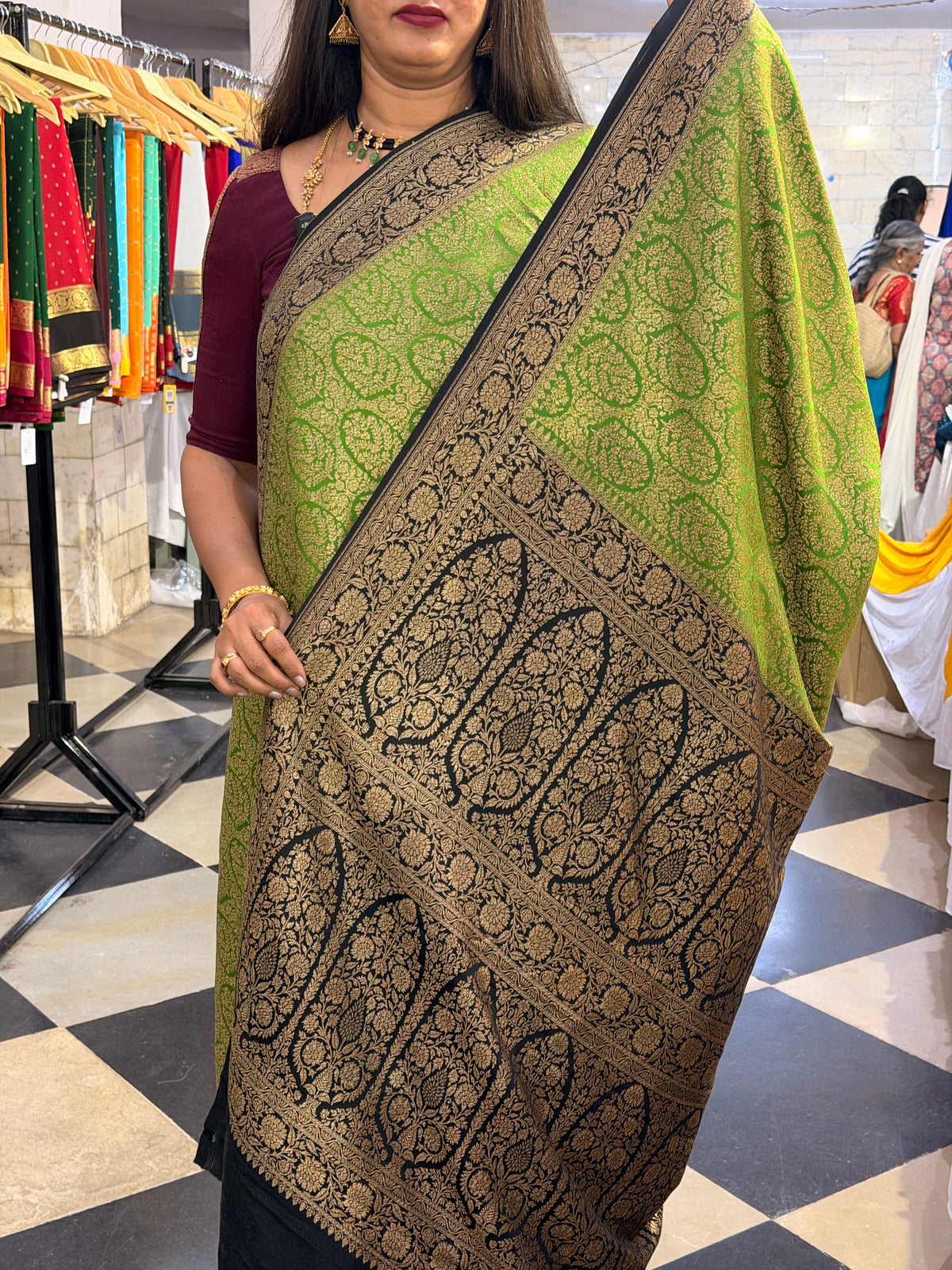 Green with black brocade crepe Banaras silk sarees