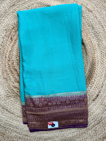 Plain Crepe Banarasi Pure Cyan with Wine