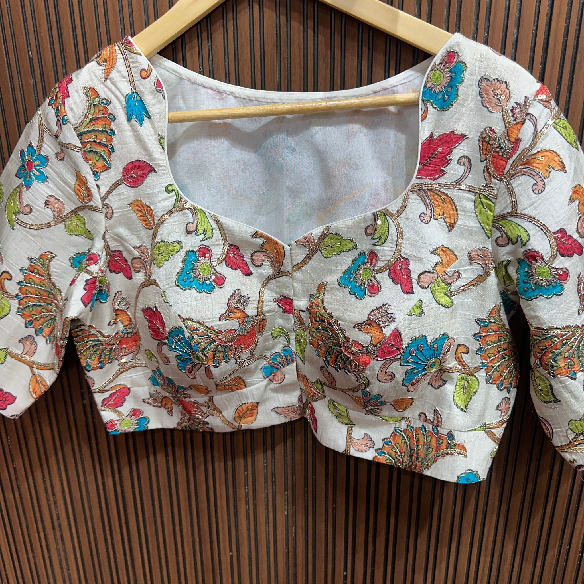 Half white stiched kalamkari blouse