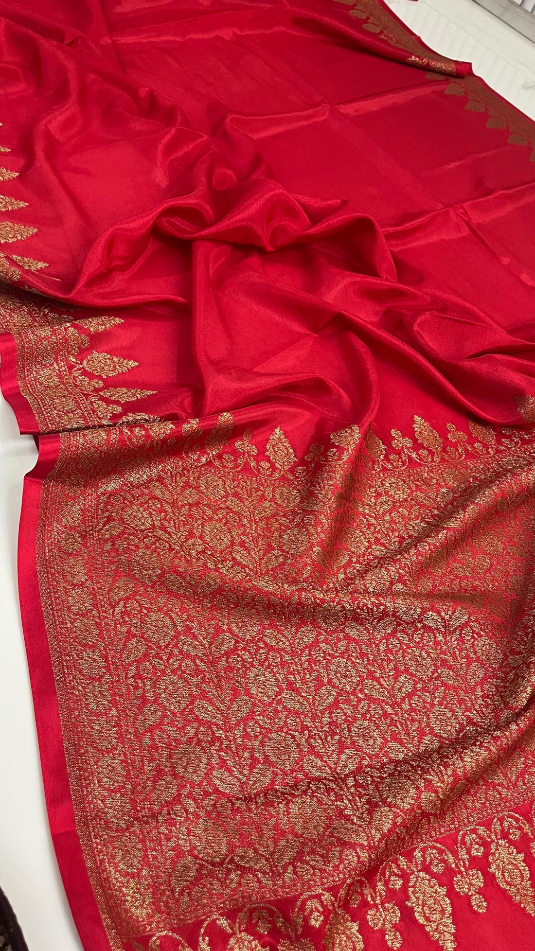 Hot red crepe Banaras chiffon sarees