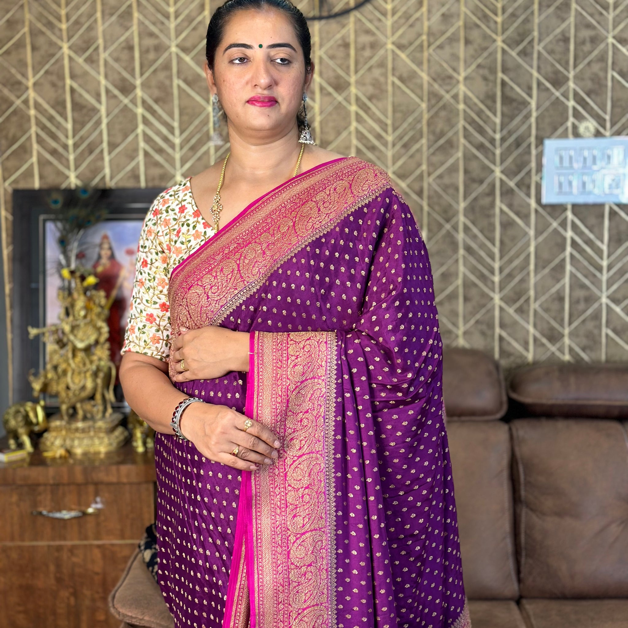 Wine with pink pure crepe Banaras silk handloom saree with brocade blouse