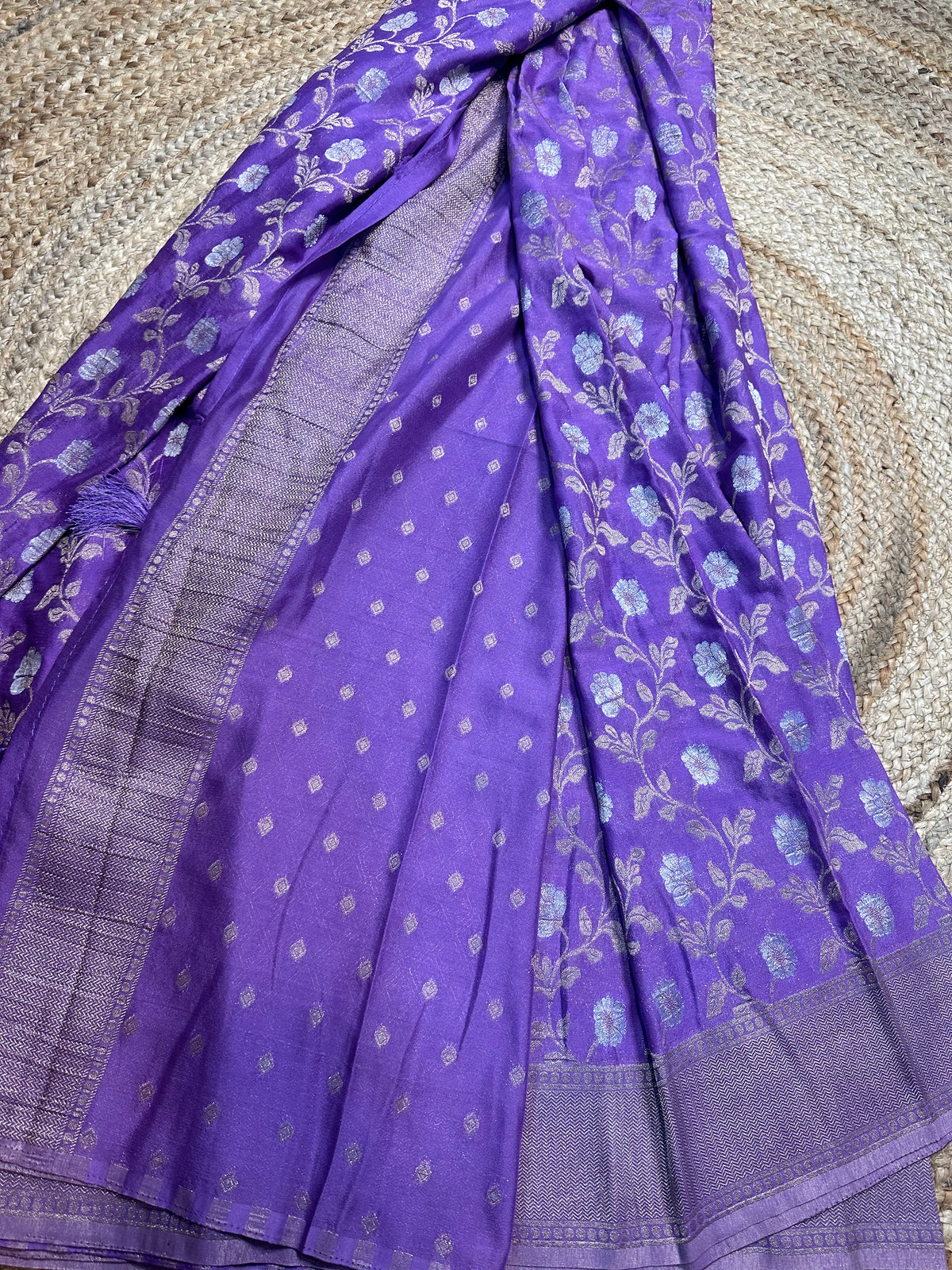 Lavender designer georgette in jaal pattern.