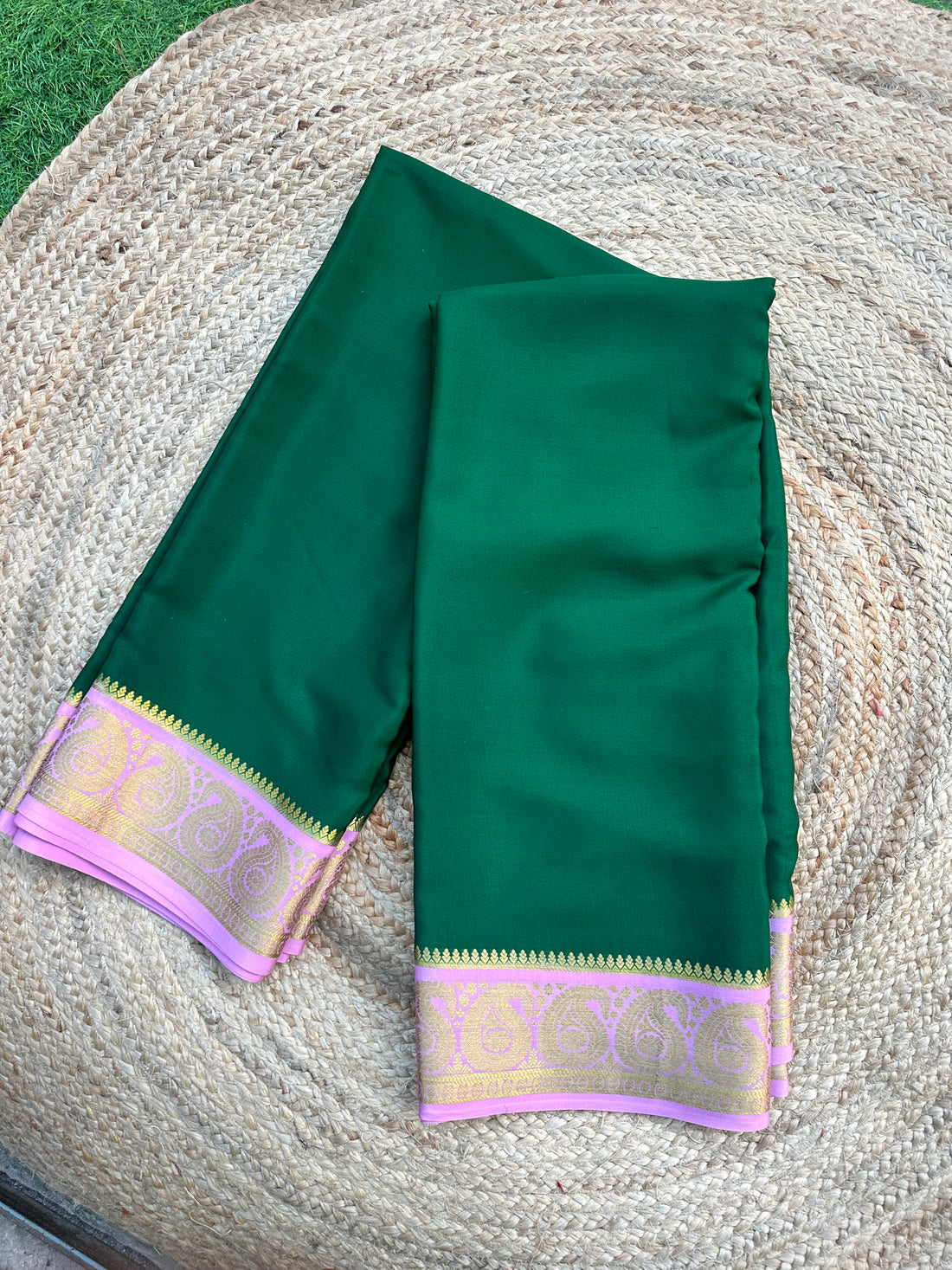 Green and lotus pink pure crepe Mysore silk sarees mango border