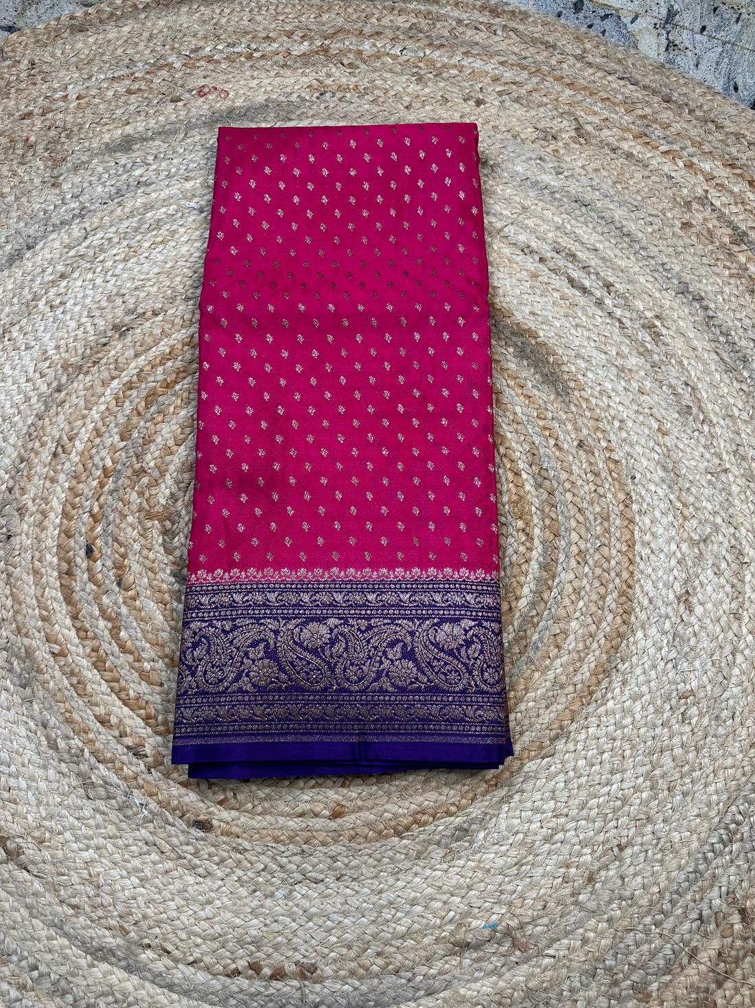 Pink and purple crepe chiffon saree with brocade blouse.